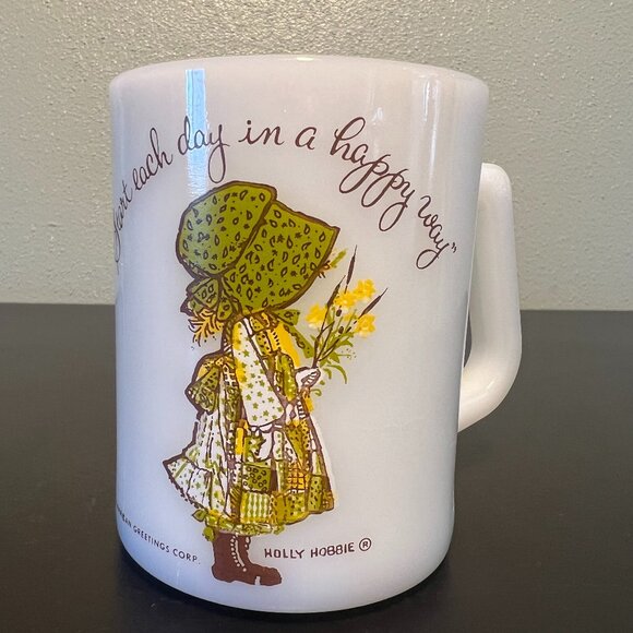 Vtg HOLLY HOBBIE Federal Glass Co Milk Glass Mug ~ Start Each Day in a Happy Way - Picture 1 of 13